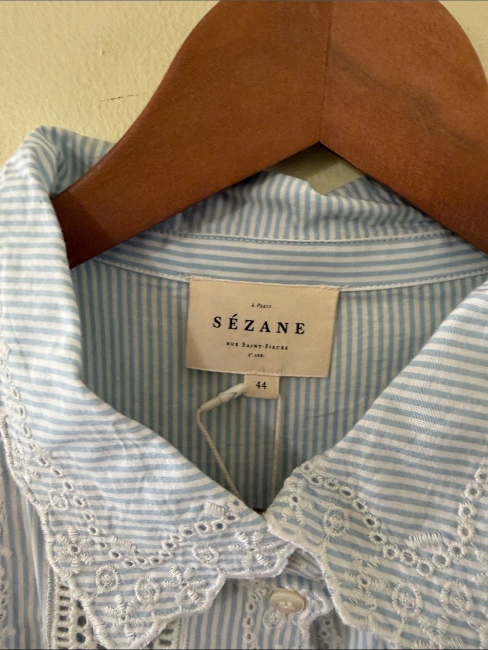Sezane Claudio Light Blue & White Pinstripe Lace-Trim and inset Blouse NWT - Picture 3 of 11